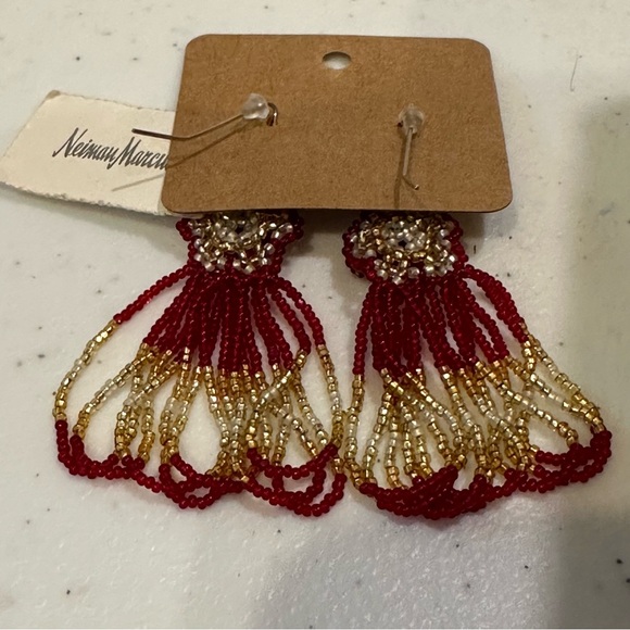 NWT Gorgeous Seed Bead Earrings by Neiman Marcus, flower w/ dangles red & gold - Picture 8 of 9